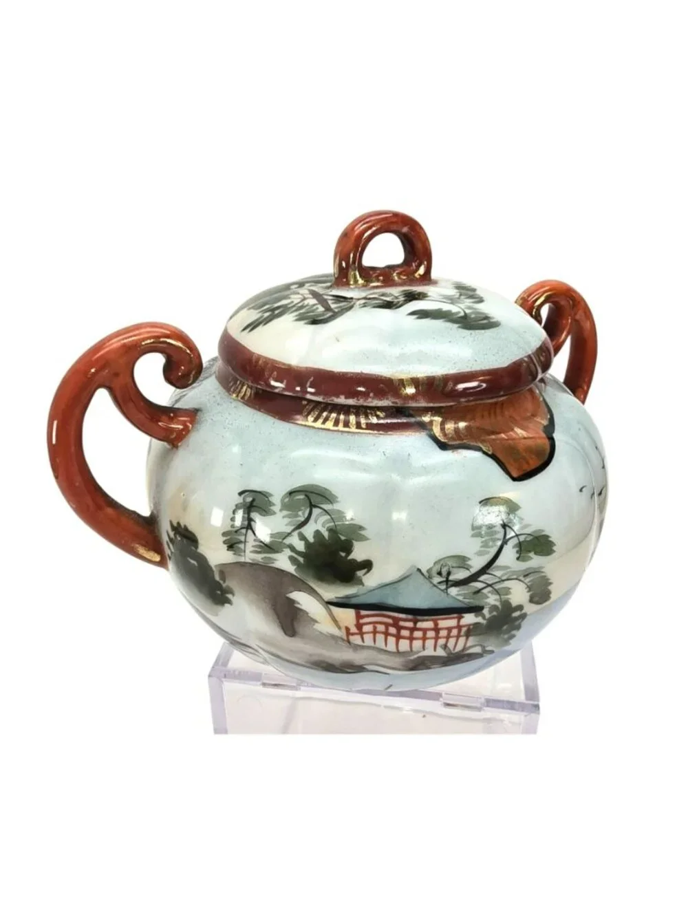 Vintage Japanese Sugar Bowl Hand-Painted Porcelain Lidded With Handles JE322